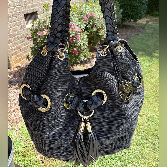 Michael Kors Black Leather Braided Tote EUC - Picture 1 of 10